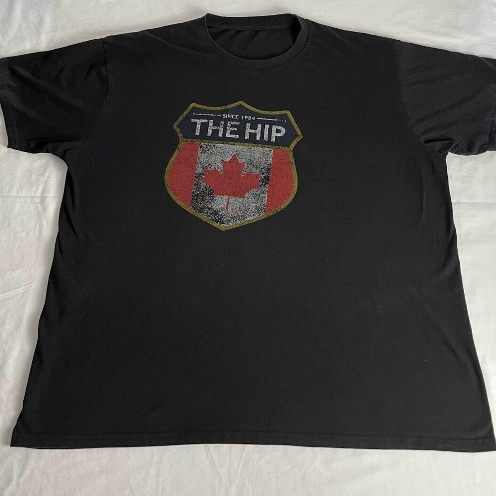 The Hip Tragically T-Shirt Top Women's Black Crewneck Canada Flag Plaque Graphic